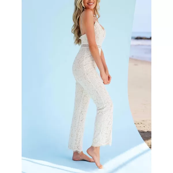 imageCUPSHE Womens Sleeveless V Neck Honeymoon Lace Tassel Cami Romper Bodice Long Maxi JumpsuitWhite