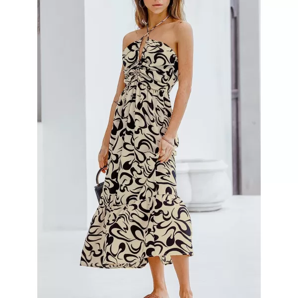 imageCUPSHE Womens Slip Ruching Halter Neck Dress VNeck Summer Sleeveless DressBlack Floral