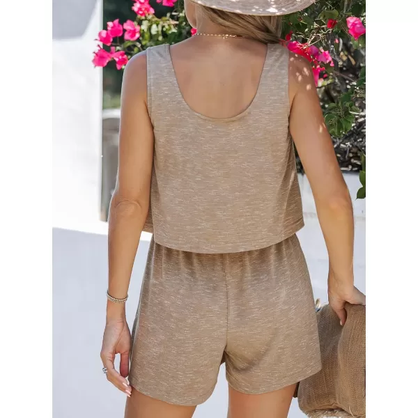 imageCUPSHE Womens Slub Knit Flounce Romper Sleeveless Jumpsuit Button Front Outfit Casual SummerLight Brown