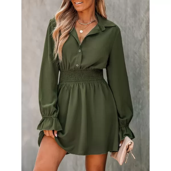 imageCUPSHE Womens Smocked ButtonFront Mini Dress Long Sleeves Dresses Short Dressing CasualGreen