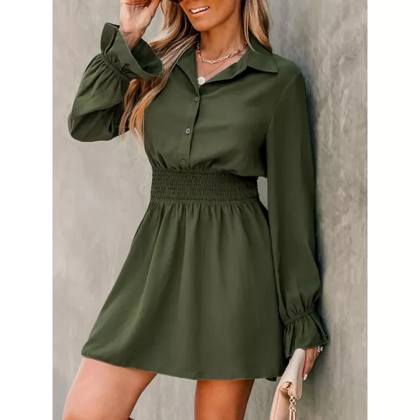 imageCUPSHE Womens Smocked ButtonFront Mini Dress Long Sleeves Dresses Short Dressing CasualGreen