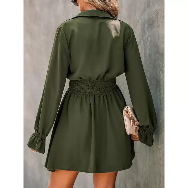 imageCUPSHE Womens Smocked ButtonFront Mini Dress Long Sleeves Dresses Short Dressing CasualGreen