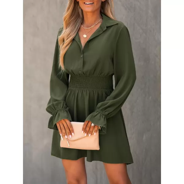 imageCUPSHE Womens Smocked ButtonFront Mini Dress Long Sleeves Dresses Short Dressing CasualGreen