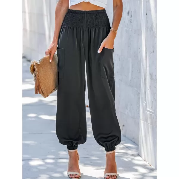 imageCUPSHE Womens Smocked High Waist Ruched Joggers Pants with Side Patch PocketsBlack