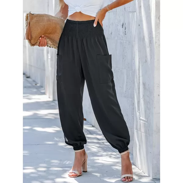 imageCUPSHE Womens Smocked High Waist Ruched Joggers Pants with Side Patch PocketsBlack