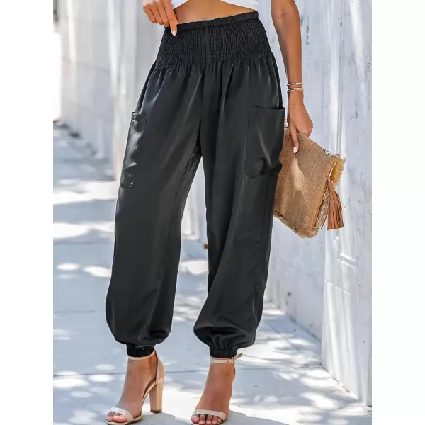 imageCUPSHE Womens Smocked High Waist Ruched Joggers Pants with Side Patch PocketsBlack
