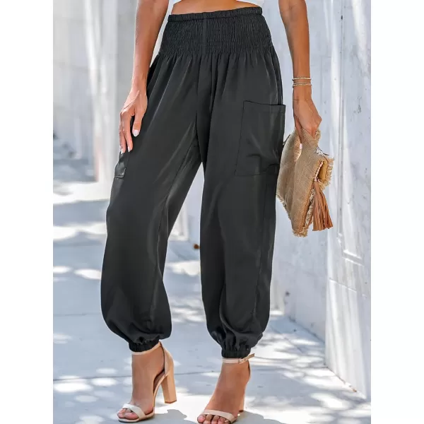 imageCUPSHE Womens Smocked High Waist Ruched Joggers Pants with Side Patch PocketsBlack