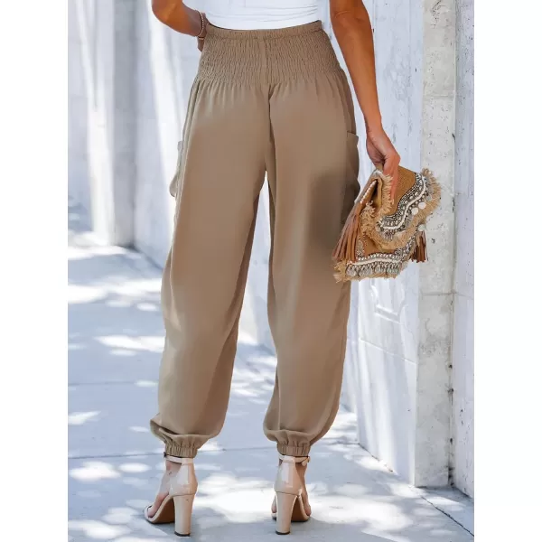 imageCUPSHE Womens Smocked High Waist Ruched Joggers Pants with Side Patch PocketsNatural
