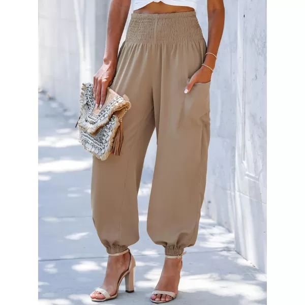 imageCUPSHE Womens Smocked High Waist Ruched Joggers Pants with Side Patch PocketsNatural