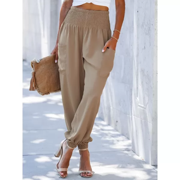 imageCUPSHE Womens Smocked High Waist Ruched Joggers Pants with Side Patch PocketsNatural