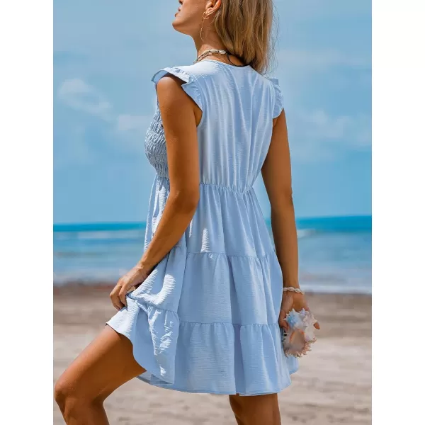 imageCUPSHE Womens Smocked Mini Dress Plunging V Neck Ruffled Summer Casual Beach DressSky Blue