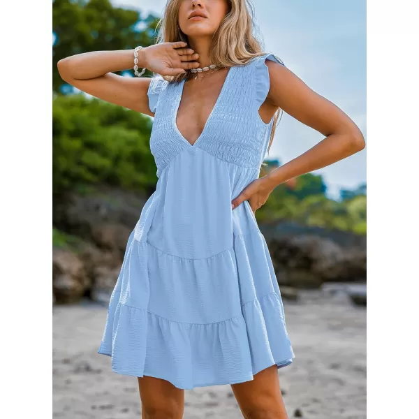 imageCUPSHE Womens Smocked Mini Dress Plunging V Neck Ruffled Summer Casual Beach DressSky Blue