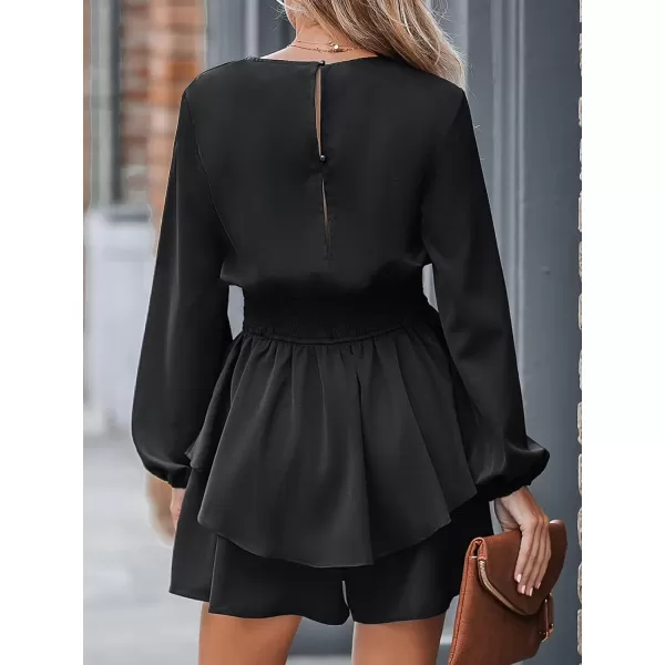 imageCUPSHE Womens Smocked Peasant Sleeve Ruffled Mini Romper Long Sleeves Rompers VNeck Jumpsuits CasualBlack