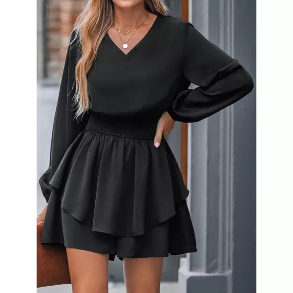 imageCUPSHE Womens Smocked Peasant Sleeve Ruffled Mini Romper Long Sleeves Rompers VNeck Jumpsuits CasualBlack