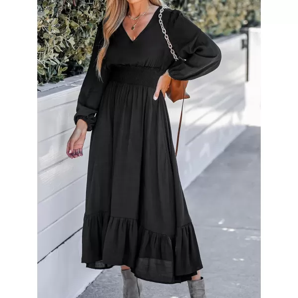 imageCUPSHE Womens Smocked Ruffled Maxi Dress Long Sleeves Dresses V Neck Dressing CasualBlack