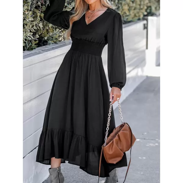 imageCUPSHE Womens Smocked Ruffled Maxi Dress Long Sleeves Dresses V Neck Dressing CasualBlack
