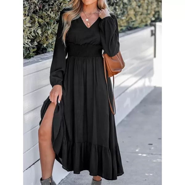 imageCUPSHE Womens Smocked Ruffled Maxi Dress Long Sleeves Dresses V Neck Dressing CasualBlack