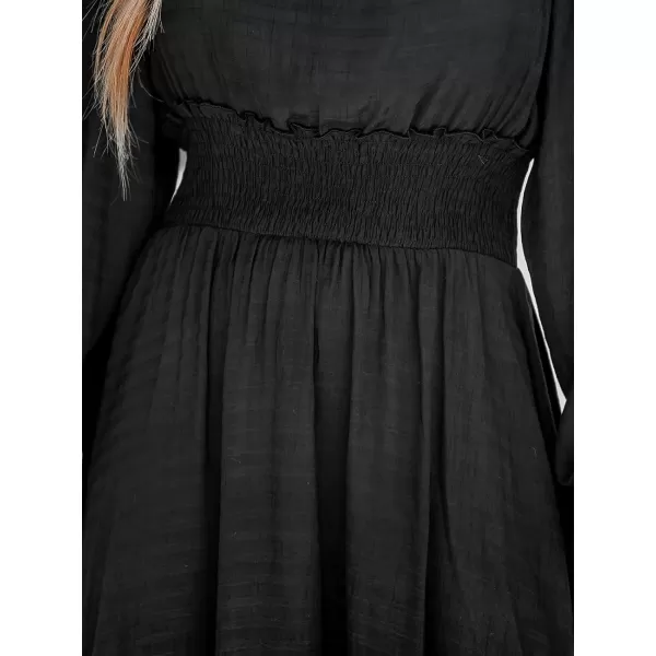 imageCUPSHE Womens Smocked Ruffled Maxi Dress Long Sleeves Dresses V Neck Dressing CasualBlack