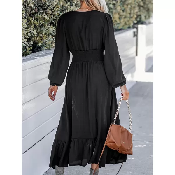 imageCUPSHE Womens Smocked Ruffled Maxi Dress Long Sleeves Dresses V Neck Dressing CasualBlack