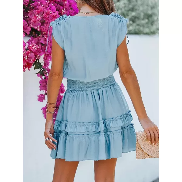 imageCUPSHE Womens Smocked Tiered Ruffled Mini Dress Sleeveless V Neck Dresses Casual SummerBlue