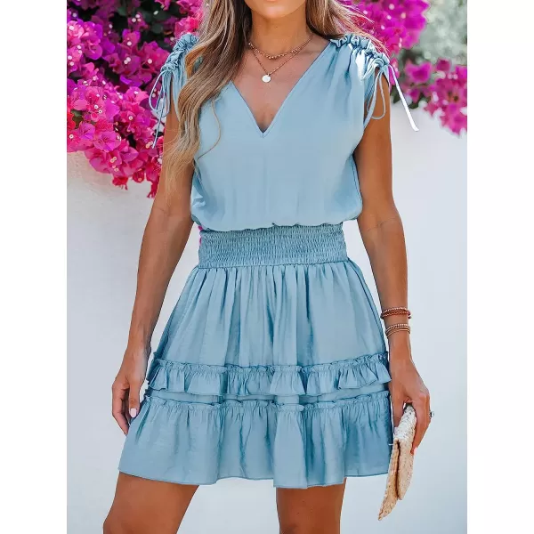 imageCUPSHE Womens Smocked Tiered Ruffled Mini Dress Sleeveless V Neck Dresses Casual SummerBlue