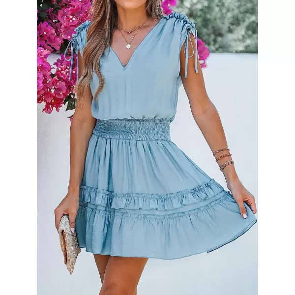 imageCUPSHE Womens Smocked Tiered Ruffled Mini Dress Sleeveless V Neck Dresses Casual SummerBlue