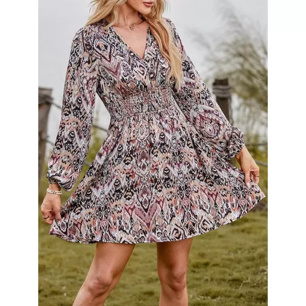 imageCUPSHE Womens Smocked Waist Dress Long Lantern Sleeve Floral Paisley Dresses V Neck A Line Mini DressPurple Paisley