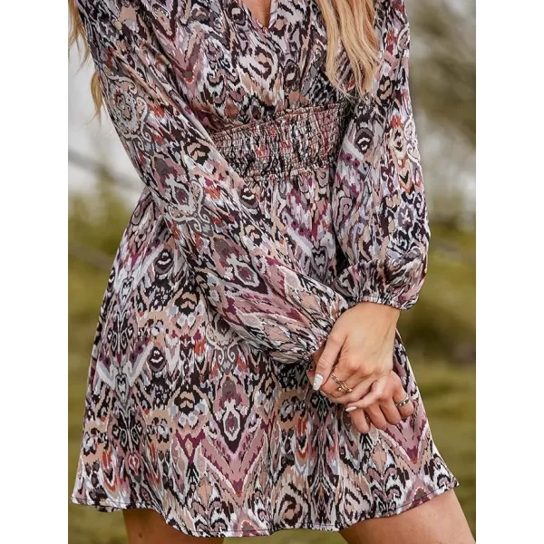 imageCUPSHE Womens Smocked Waist Dress Long Lantern Sleeve Floral Paisley Dresses V Neck A Line Mini DressPurple Paisley