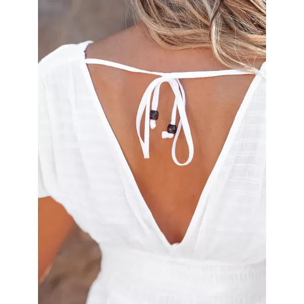 imageCUPSHE Womens Smocked Waist Swimsuit Coverups 2024 Summer V Neck Vacation Beach Mini DressWhite