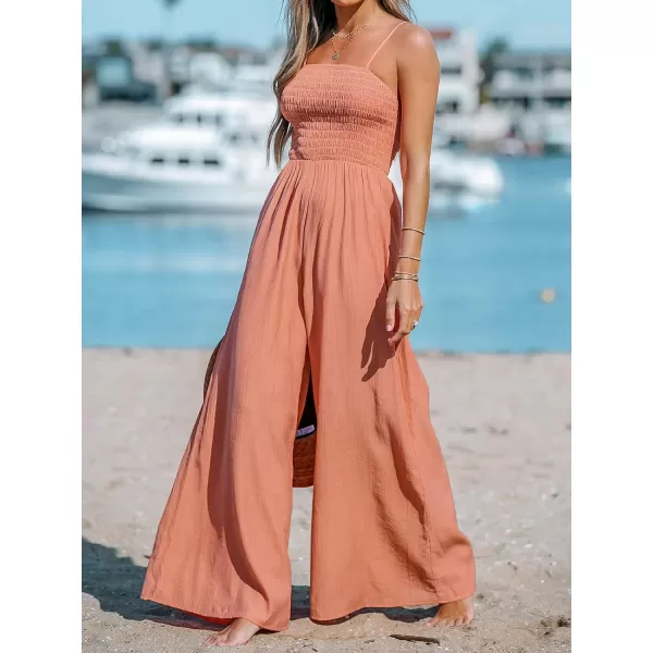 imageCUPSHE Womens Smocked Wide Leg Jumpsuit Spaghetti Straps Romper Sleeveless Tube Neck OutfitOrange