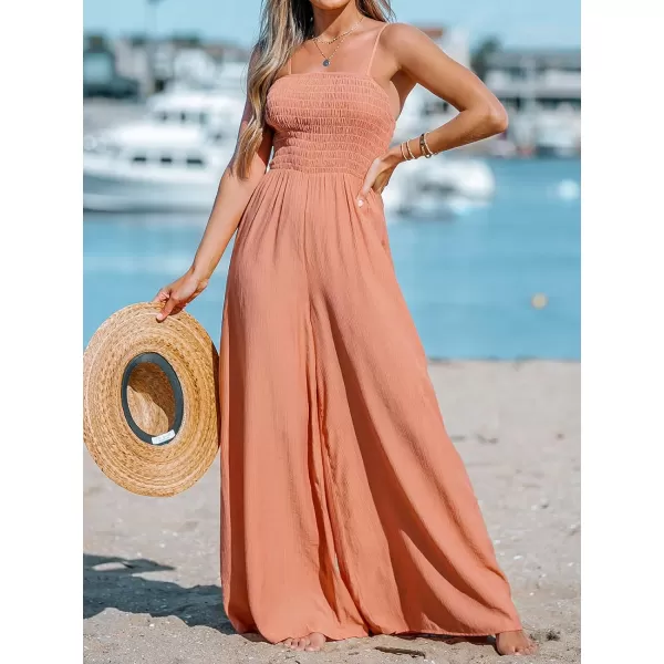 imageCUPSHE Womens Smocked Wide Leg Jumpsuit Spaghetti Straps Romper Sleeveless Tube Neck OutfitOrange