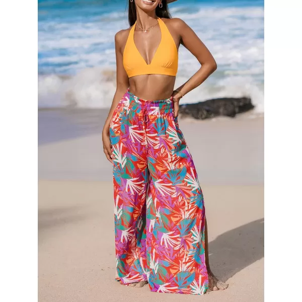 imageCUPSHE Womens Smoked Cover Up Pants Bathing Suit Bottom Summer Wide Lege Beach Wear Side Slit Sheer Tropical 2024Bright Tropical