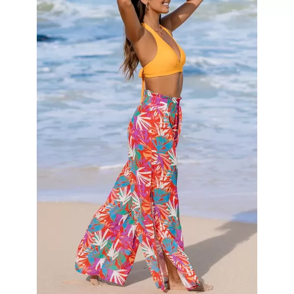 imageCUPSHE Womens Smoked Cover Up Pants Bathing Suit Bottom Summer Wide Lege Beach Wear Side Slit Sheer Tropical 2024Bright Tropical