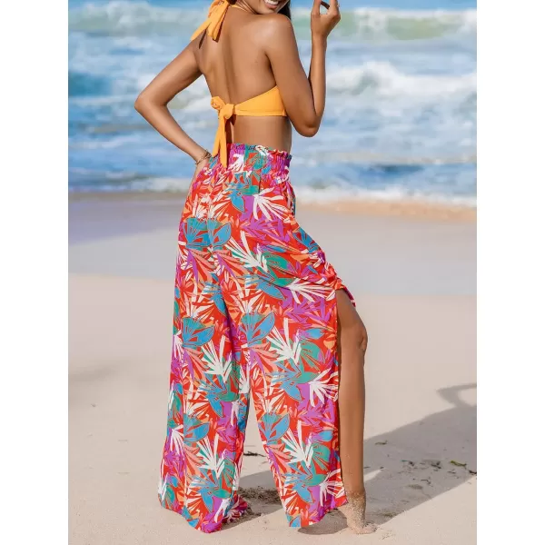 imageCUPSHE Womens Smoked Cover Up Pants Bathing Suit Bottom Summer Wide Lege Beach Wear Side Slit Sheer Tropical 2024Bright Tropical