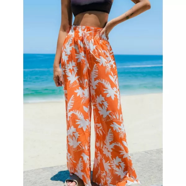 imageCUPSHE Womens Smoked Cover Up Pants Bathing Suit Bottom Summer Wide Lege Beach Wear Side Slit Sheer Tropical 2024Orange Floral