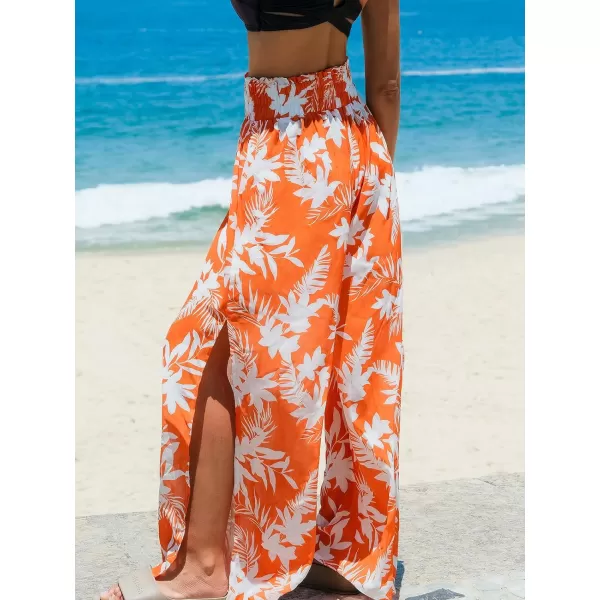 imageCUPSHE Womens Smoked Cover Up Pants Bathing Suit Bottom Summer Wide Lege Beach Wear Side Slit Sheer Tropical 2024Orange Floral