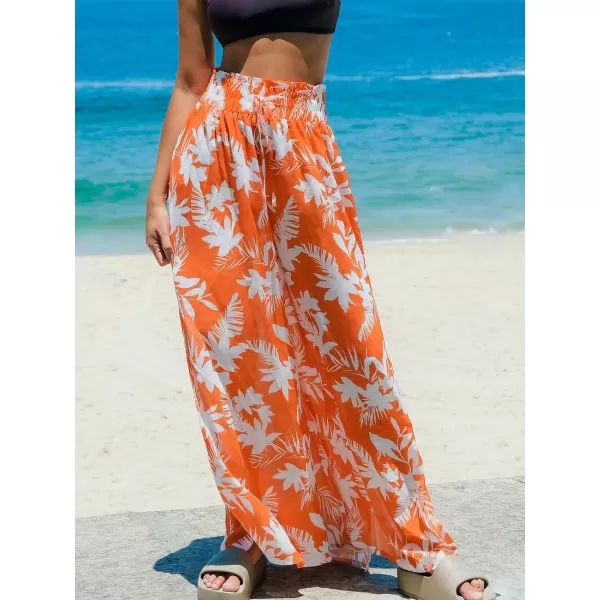 imageCUPSHE Womens Smoked Cover Up Pants Bathing Suit Bottom Summer Wide Lege Beach Wear Side Slit Sheer Tropical 2024Orange Floral
