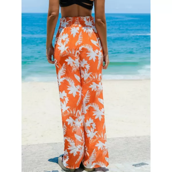 imageCUPSHE Womens Smoked Cover Up Pants Bathing Suit Bottom Summer Wide Lege Beach Wear Side Slit Sheer Tropical 2024Orange Floral