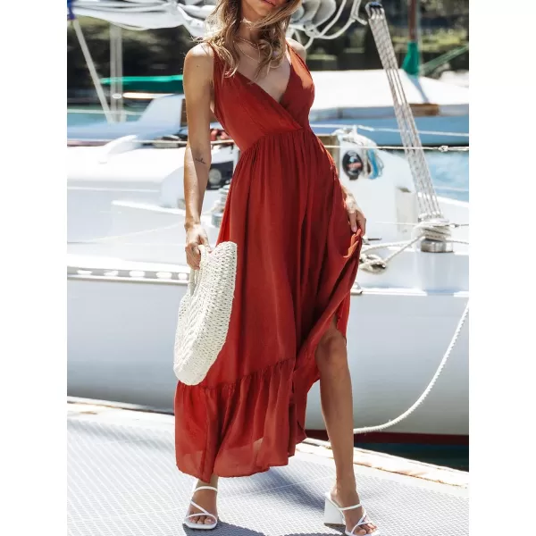 imageCUPSHE Womens Solid Backless Cami Maxi Dress Tiered Hem Spaghetti Straps A Line DressRed