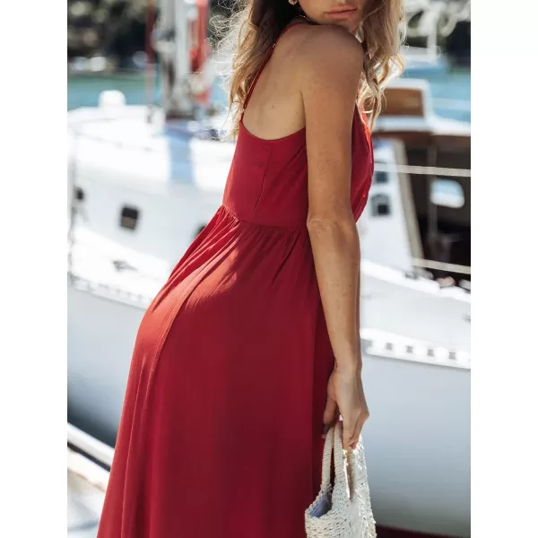 imageCUPSHE Womens Solid Backless Cami Maxi Dress Tiered Hem Spaghetti Straps A Line DressRed