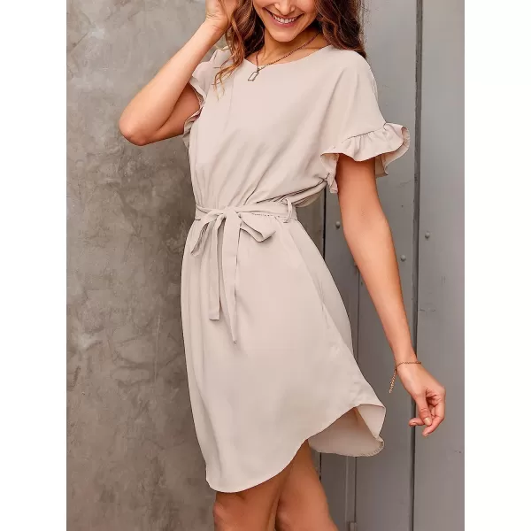 imageCUPSHE Womens Solid Belted Ruffled Mini Dress Round Neck Casual A Line DressApricot