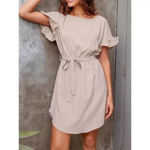 imageCUPSHE Womens Solid Belted Ruffled Mini Dress Round Neck Casual A Line DressApricot