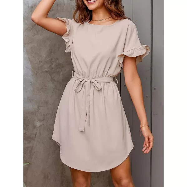 imageCUPSHE Womens Solid Belted Ruffled Mini Dress Round Neck Casual A Line DressApricot