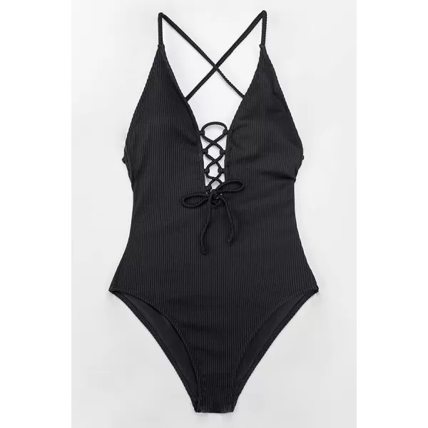 imageCUPSHE Womens Solid Color V Neck Lace Up One Piece SwimsuitBlack