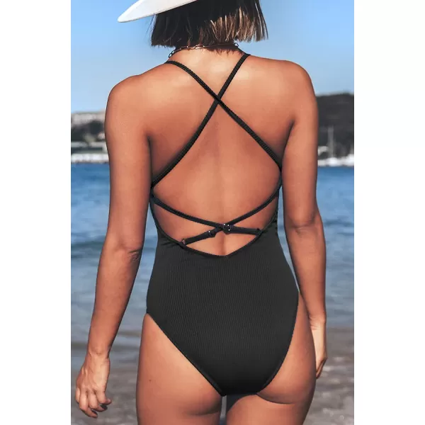 imageCUPSHE Womens Solid Color V Neck Lace Up One Piece SwimsuitBlack