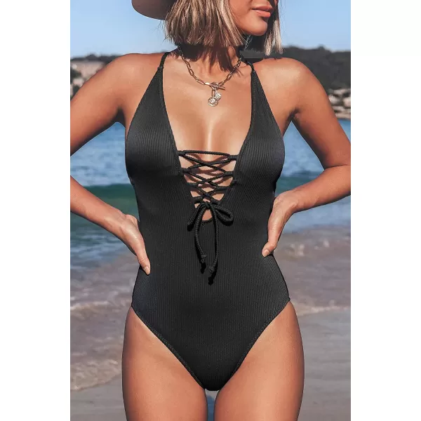 imageCUPSHE Womens Solid Color V Neck Lace Up One Piece SwimsuitBlack