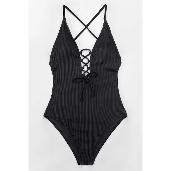 imageCUPSHE Womens Solid Color V Neck Lace Up One Piece SwimsuitBlack