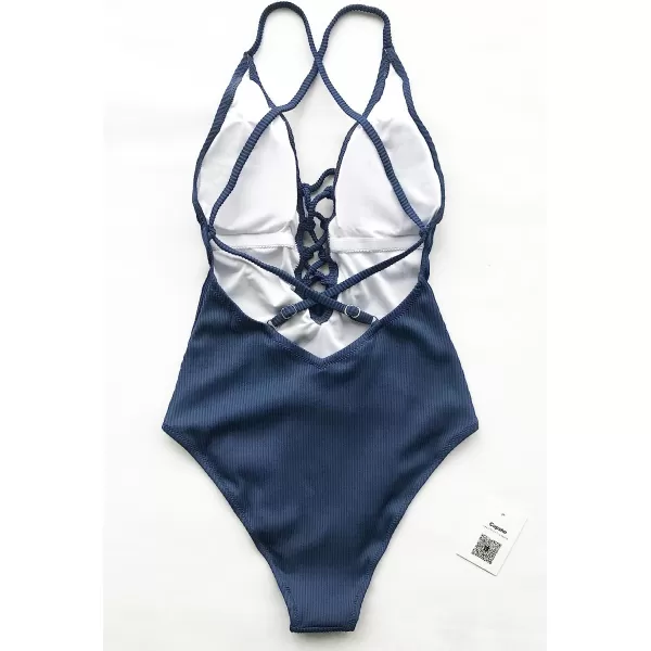 imageCUPSHE Womens Solid Color V Neck Lace Up One Piece SwimsuitBlue