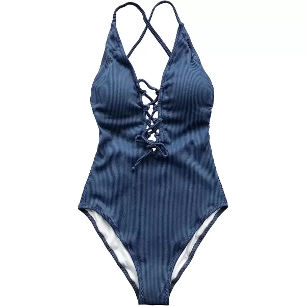 imageCUPSHE Womens Solid Color V Neck Lace Up One Piece SwimsuitBlue