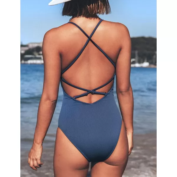 imageCUPSHE Womens Solid Color V Neck Lace Up One Piece SwimsuitBlue